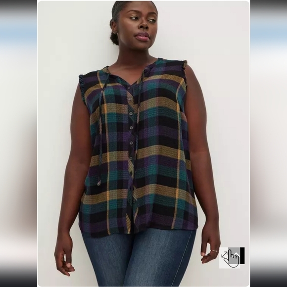 Torrid Crinkle Flannel Gauze Ruffle Tie Front Tank Blouse - Picture 1 of 6